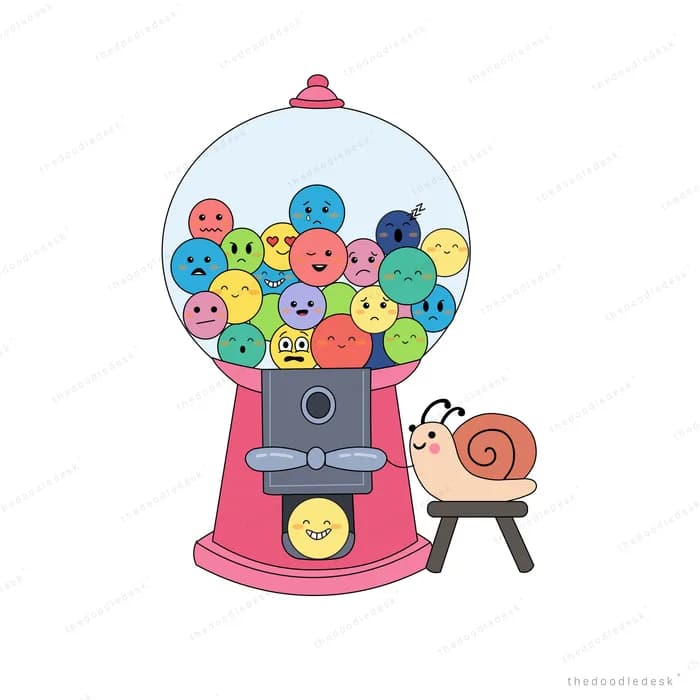 Snail sitting on a stool beside a gumball machine full of coloured faces showing different moods