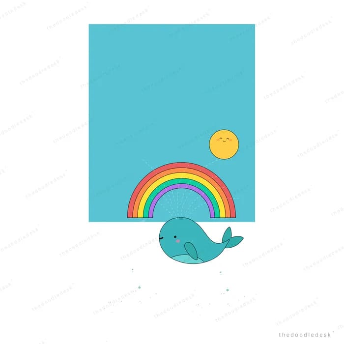 Small blue whale swimming below a rainbow and a little sun on a flat teal panel
