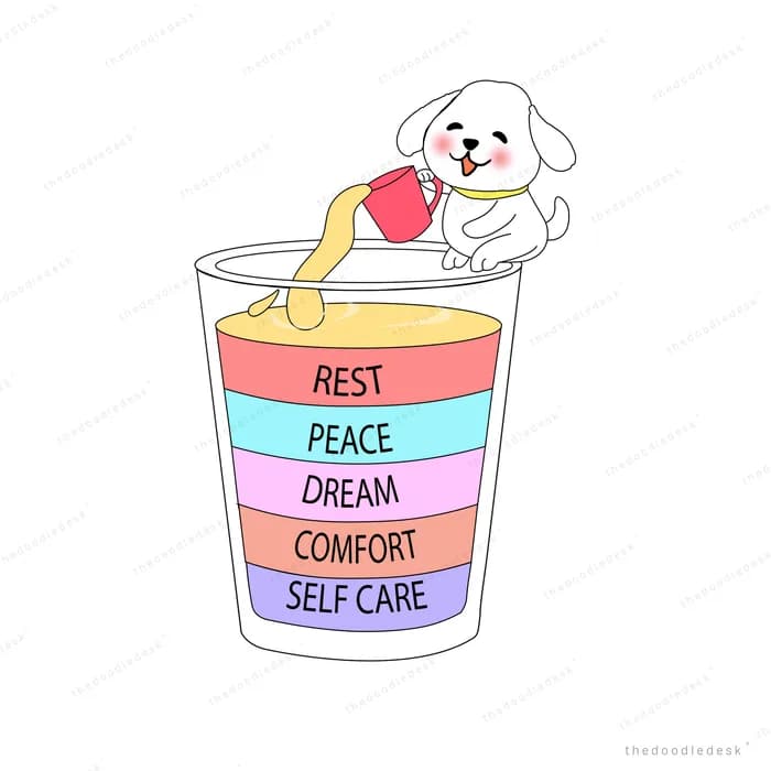 White dog holding a heart perched on the rim of a tall cup layered with labelled bands for eat, drink and self care