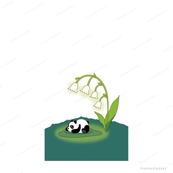 Panda cub curled asleep on a leaf beside a sprig of lily of the valley