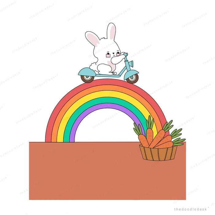 White rabbit riding a scooter over a rainbow beside a basket of carrots
