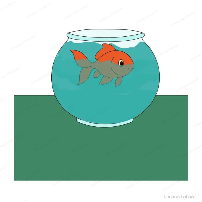 Grey fish swimming in a teal glass fishbowl on a green table