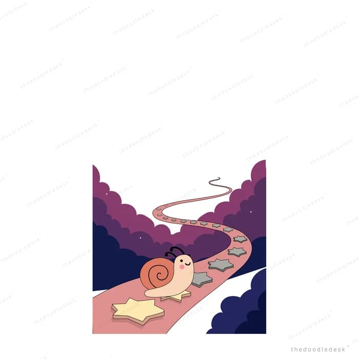 Snail crawling up a pink winding path of star stepping stones through purple mountains
