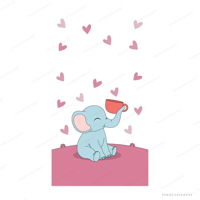 Blue baby elephant tipping a red cup as pink hearts float upward