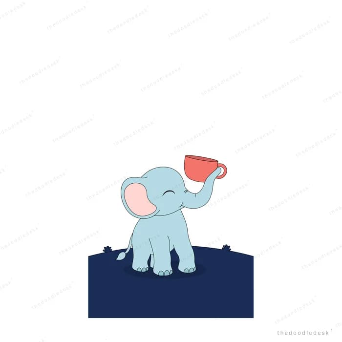 Blue baby elephant on a navy block lifting a red cup with its trunk