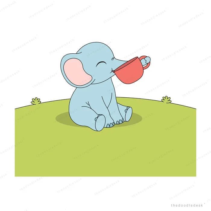 Blue baby elephant sitting on a green lawn tipping a red cup with its trunk