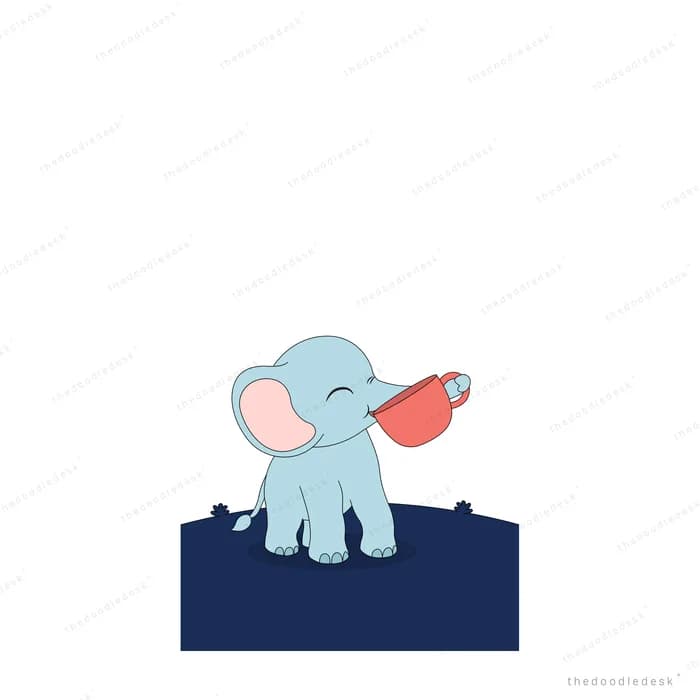 Blue baby elephant on a navy block drinking from a red cup