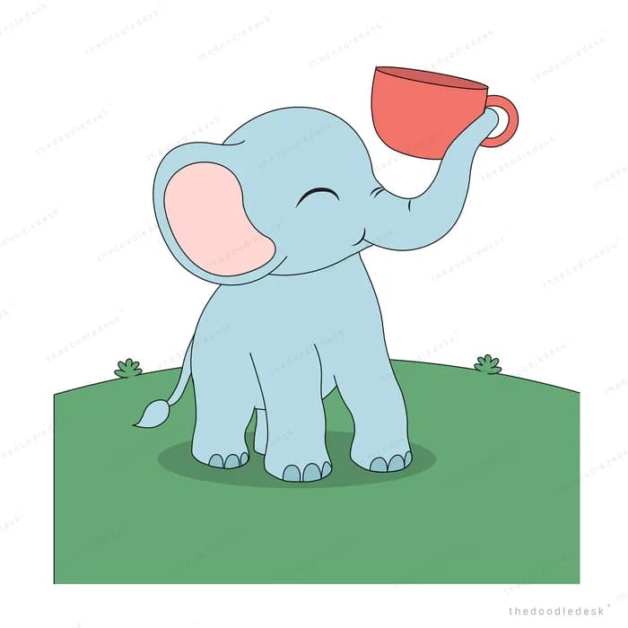 Blue elephant standing on green grass raising a red teacup with its trunk