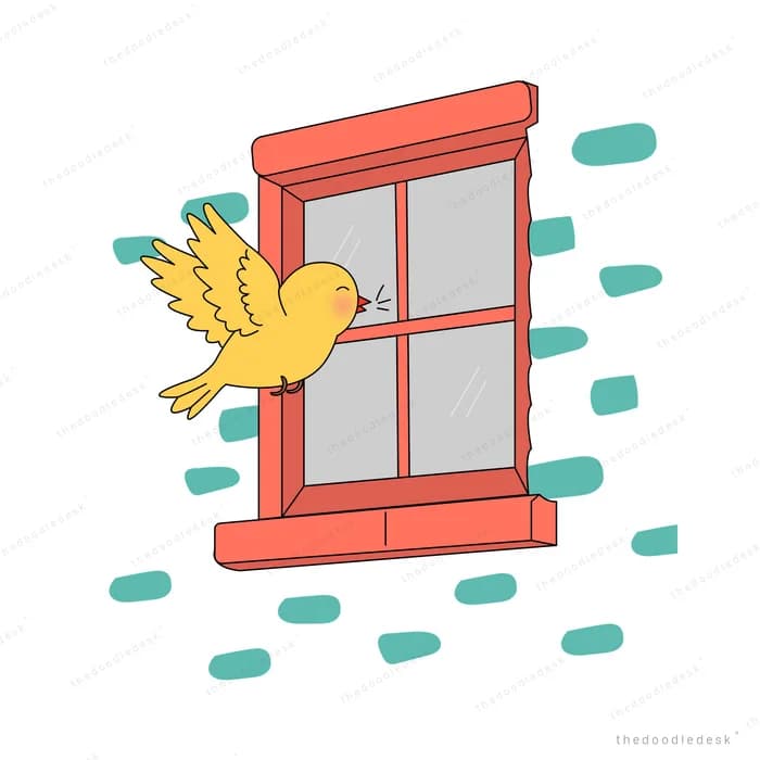 Yellow bird landing at a closed red window on a tiled wall