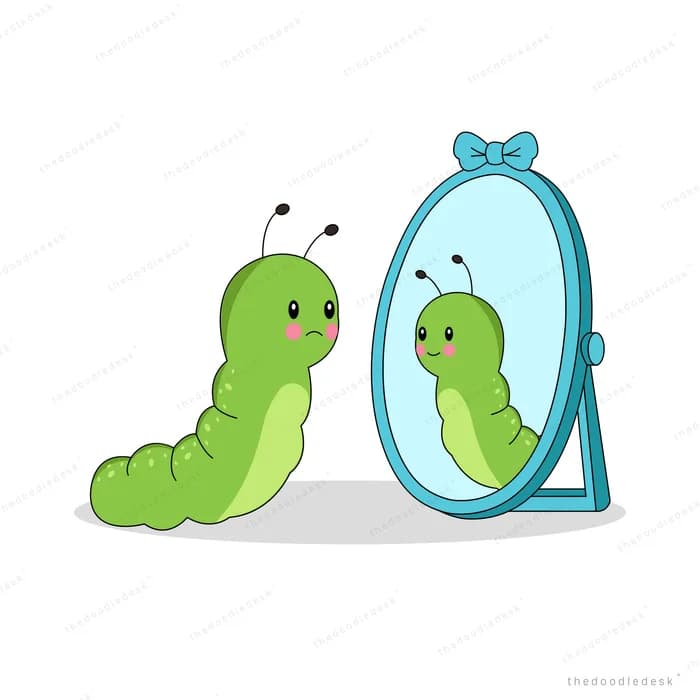 Green caterpillar looking at its own reflection in a tall bow-topped mirror