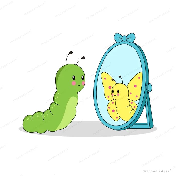 Green caterpillar seeing a yellow spotted butterfly in the mirror
