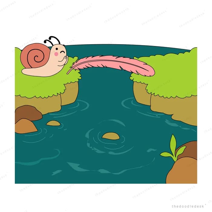Snail on a mossy ledge reaching toward a pink lotus above a dark pond