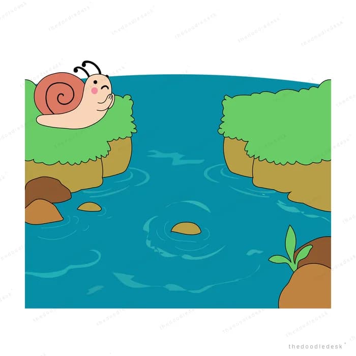 Snail resting on a mossy ledge above a blue pond with rocks and a sprout