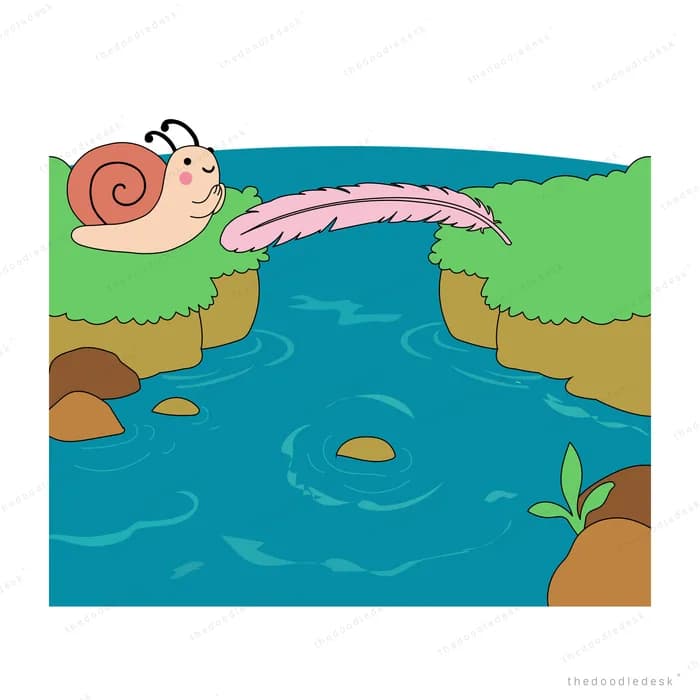 Snail on a ledge watching a pink dragonfly hover over the pond