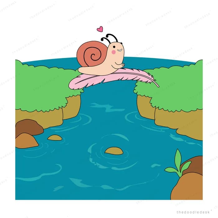 Snail on a ledge nose to nose with a pink dragonfly above the pond