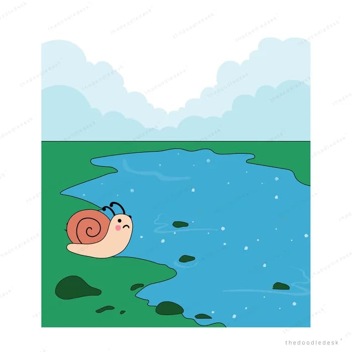 Snail crawling across a green meadow beside a blue stream
