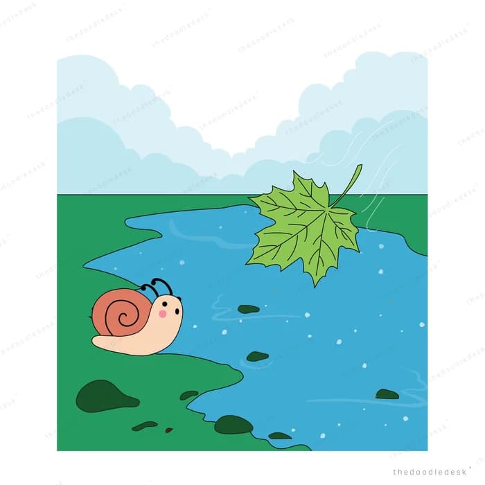 Snail crawling on a meadow beside a stream near a large green maple leaf