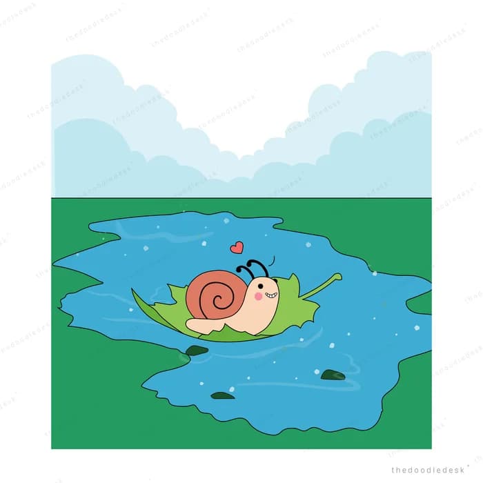 Snail riding a green leaf floating on a blue pond in a green field