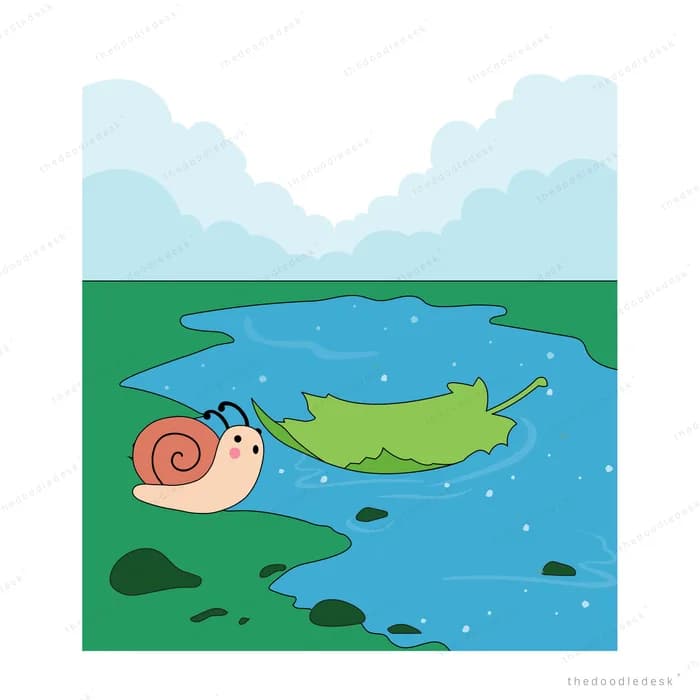 Snail beside a large green leaf near a stream in a green meadow