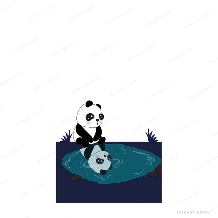 Panda fishing with a net beside a small dark pond