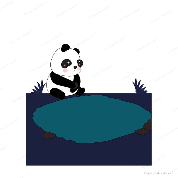 Panda sitting on a dark bank fishing over a teal pond