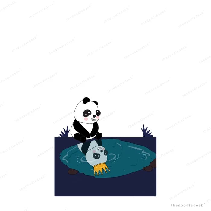 Small panda fishing with a net at the edge of a teal pond