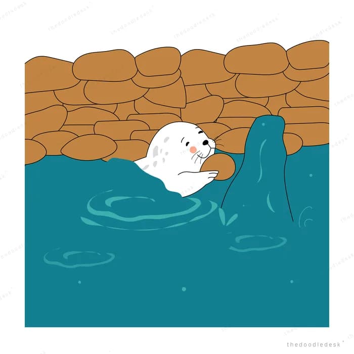White seal pup lying in the teal water beside a stone dam