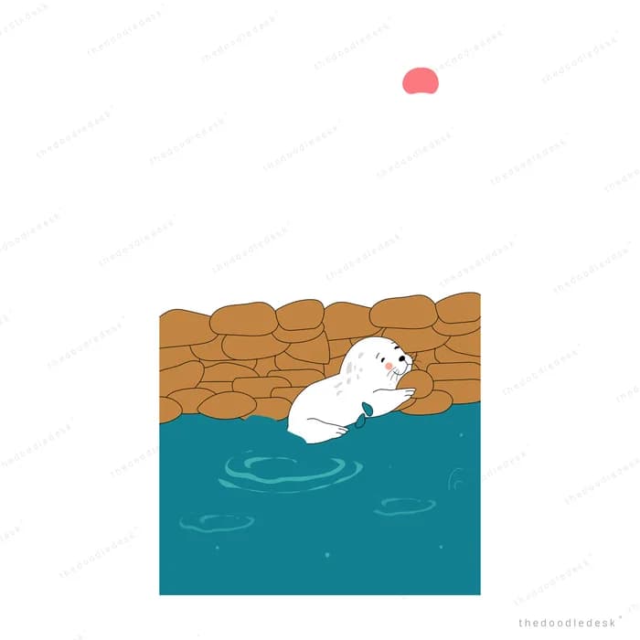 White seal floating in teal water below a stone wall under a small red sun