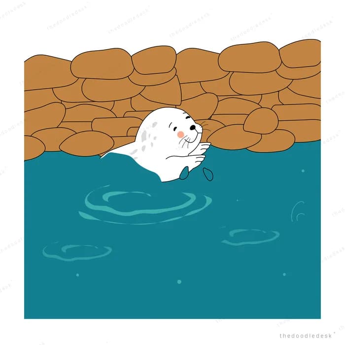 White seal swimming in teal water beneath a stone dam wall