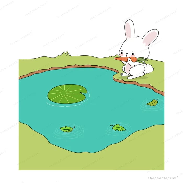 White rabbit holding a fishing rod on a log above teal water with a lily pad