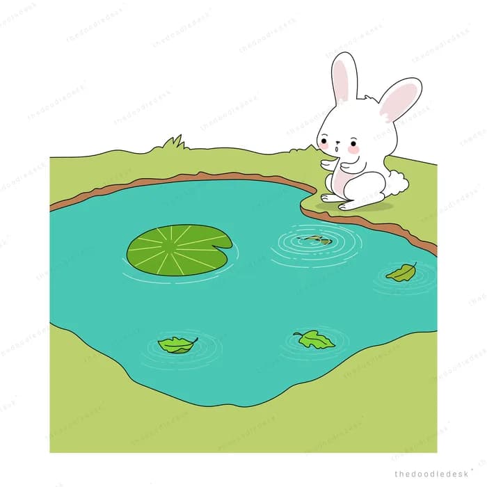 White rabbit fishing from a log over a teal pond with a lily pad