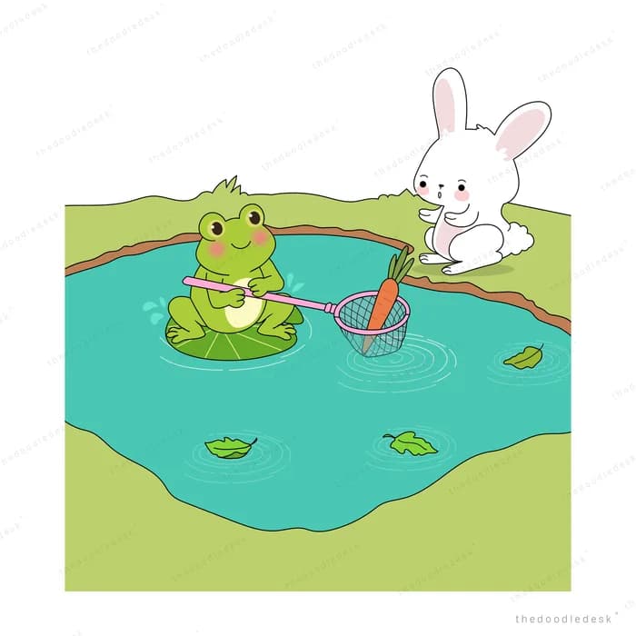 Green frog with a net and a white rabbit perched on a log over a pond