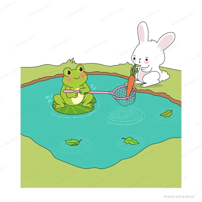 Frog holding a fishing rod and net beside a rabbit on a log over water