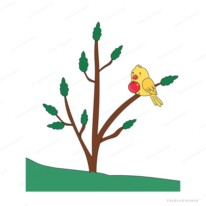 Yellow bird perched on a slender young tree on green ground