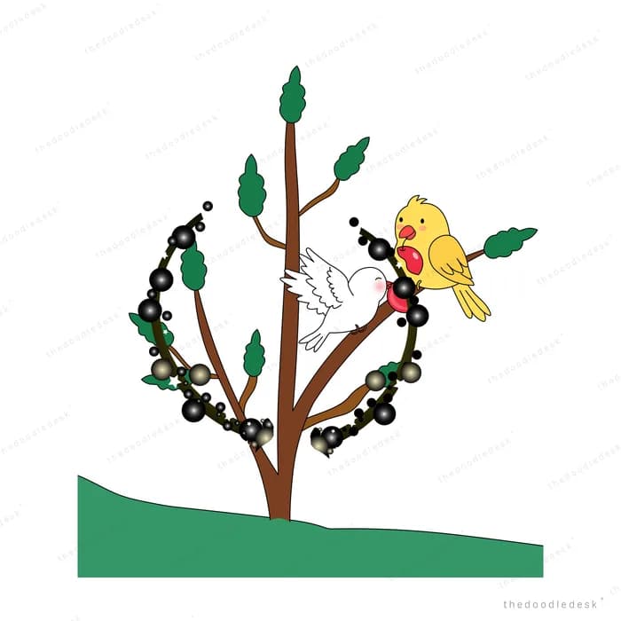 Two birds on a young tree wrapped in dark thorny vines