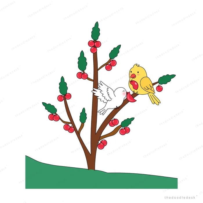 Yellow and white birds on a young tree bearing red berries