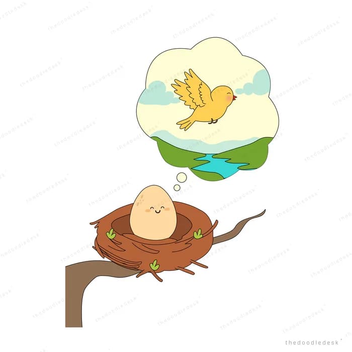 Egg in a twig nest on a branch dreaming of a yellow bird in flight