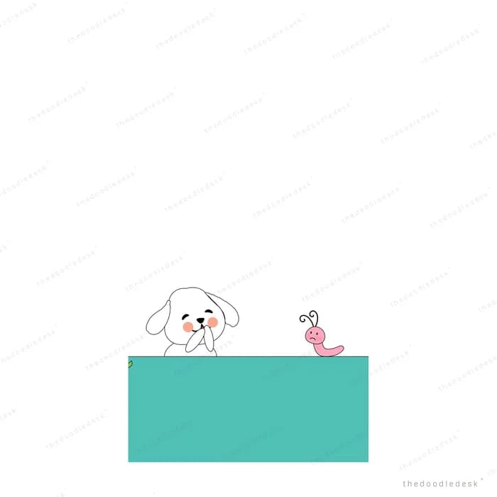 Small white dog facing a pink bird on a teal block