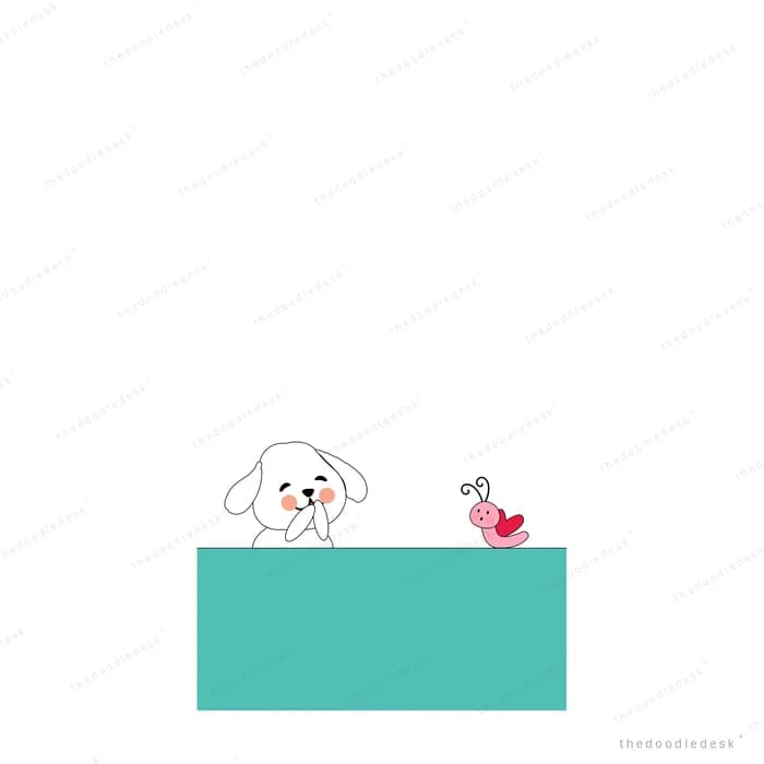 White dog leaning toward a pink bird on a teal block