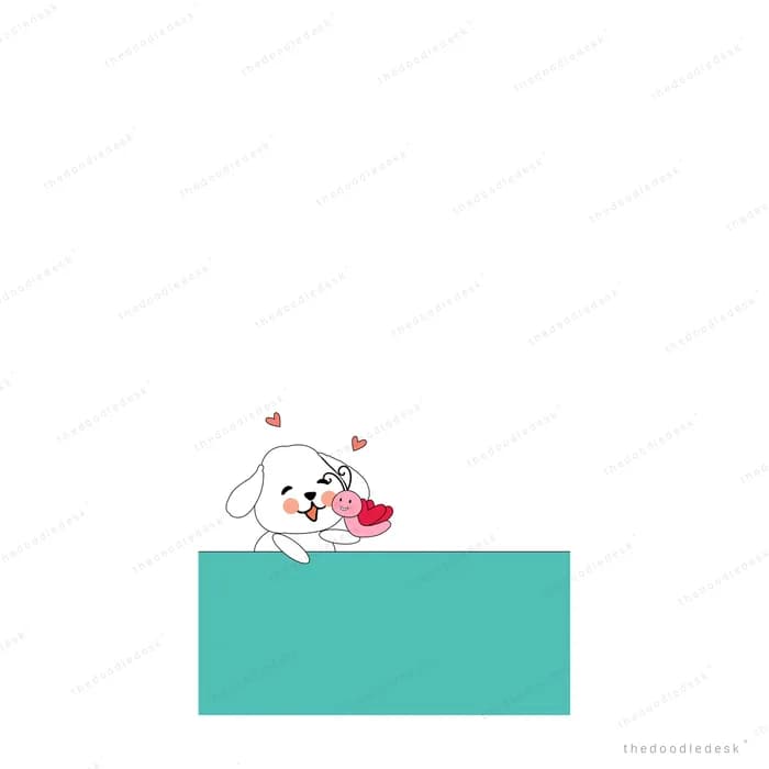 Small white dog nuzzling a pink bird on a narrow teal block