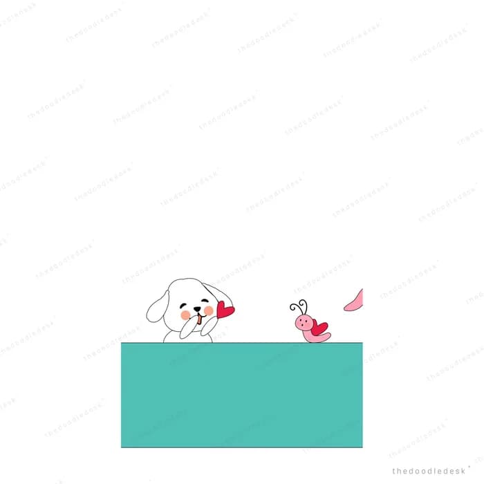White dog and pink bird facing each other on a teal block with a heart