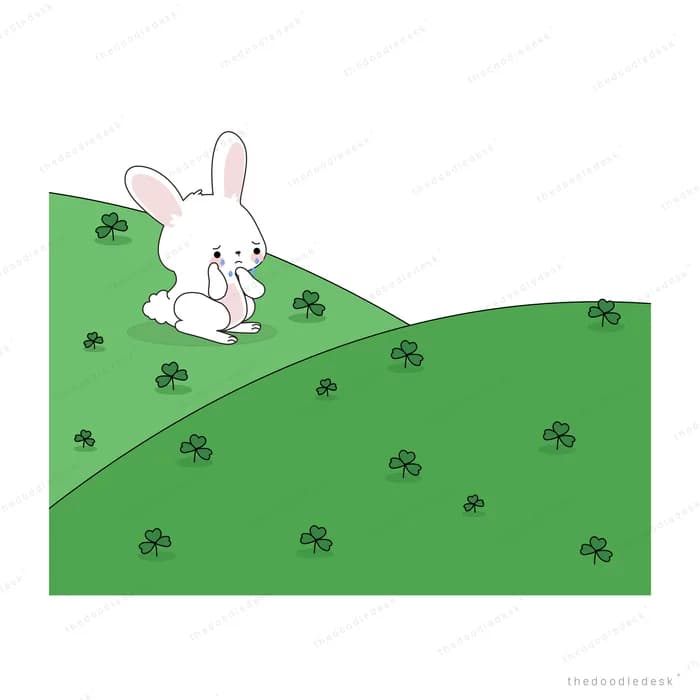 White rabbit trailing a pale streamer on a clover-covered green hill