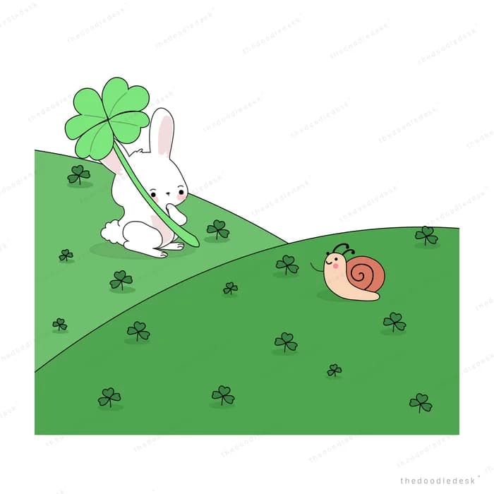 Snail delivering a giant four-leaf clover to a white rabbit on the hill
