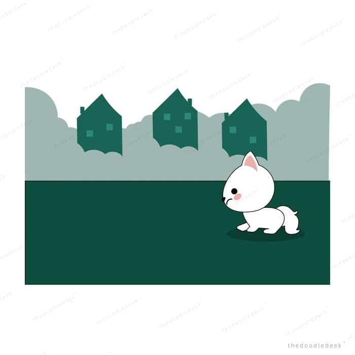 White kitten sitting alone on a dark green field before a row of trees