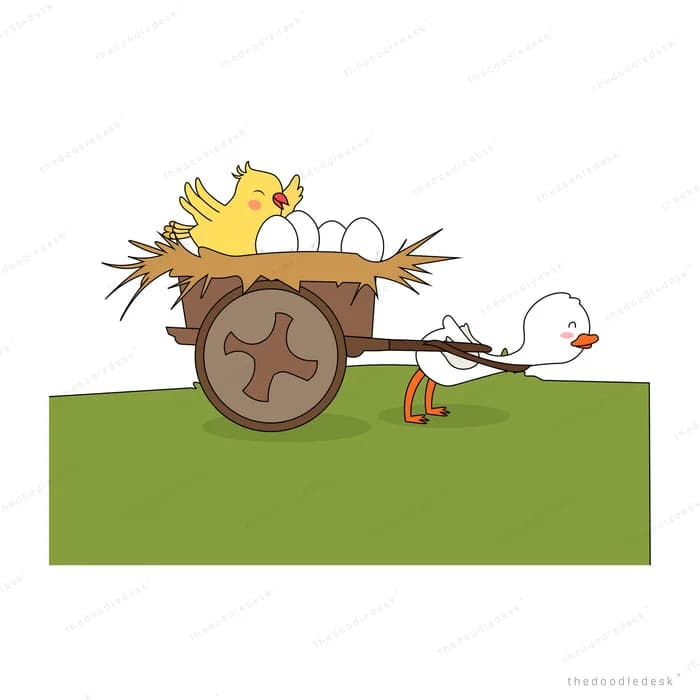 White duck pulling a wooden cart carrying a nest of eggs and a yellow chick