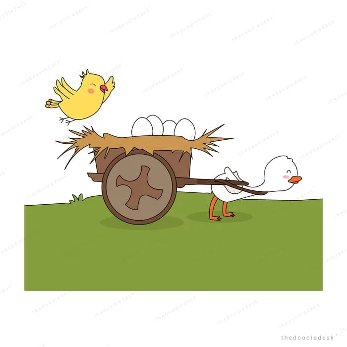 Yellow bird flying over a cart of eggs pulled by a duck