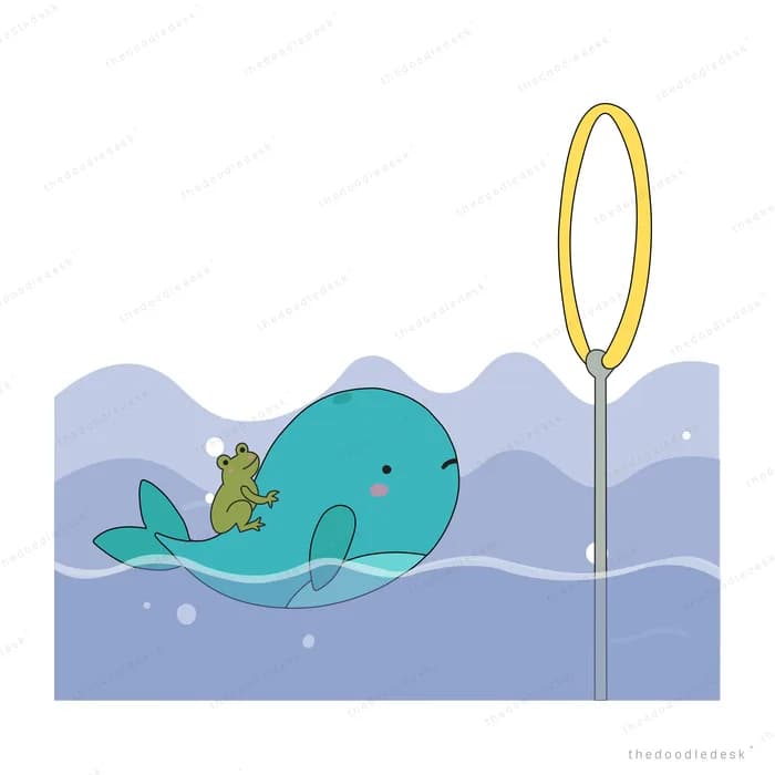 Teal whale with a green frog on its back swimming under a tall yellow lamp at sea