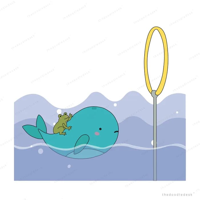 Whale carrying a frog surfacing beside a yellow lamp over the waves