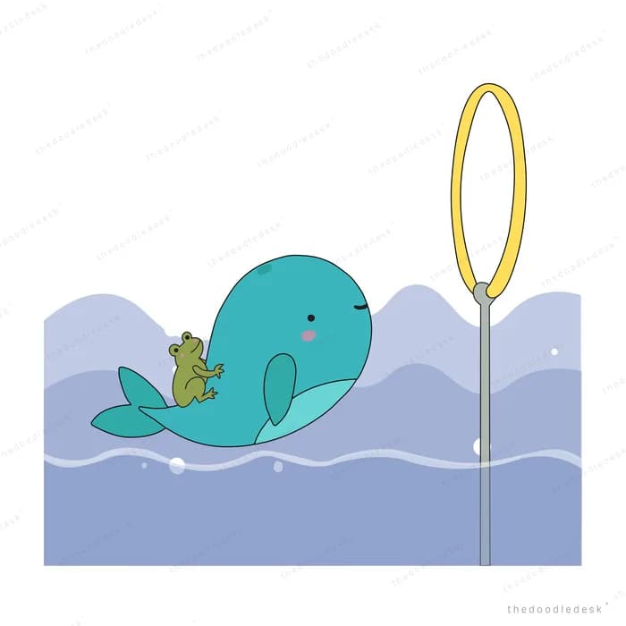 Teal whale with a frog riding it floating in blue water near a yellow lamp