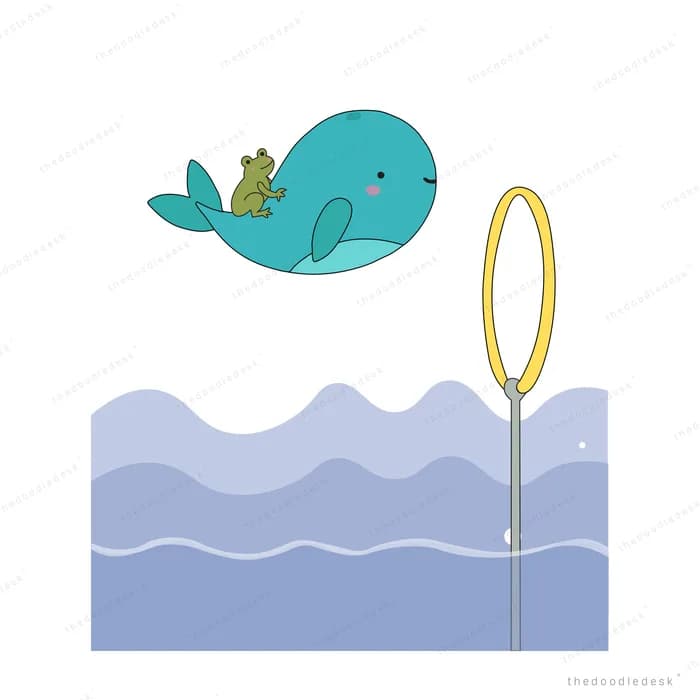 Whale and frog flying above the sea past a yellow lamp